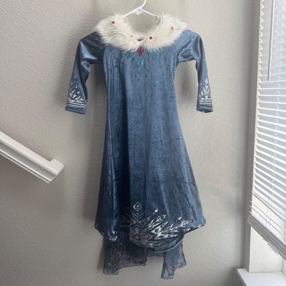Elsa Costume Dress Blue Velvet Faux Fur Collar Snowflake Princess Size 120 *